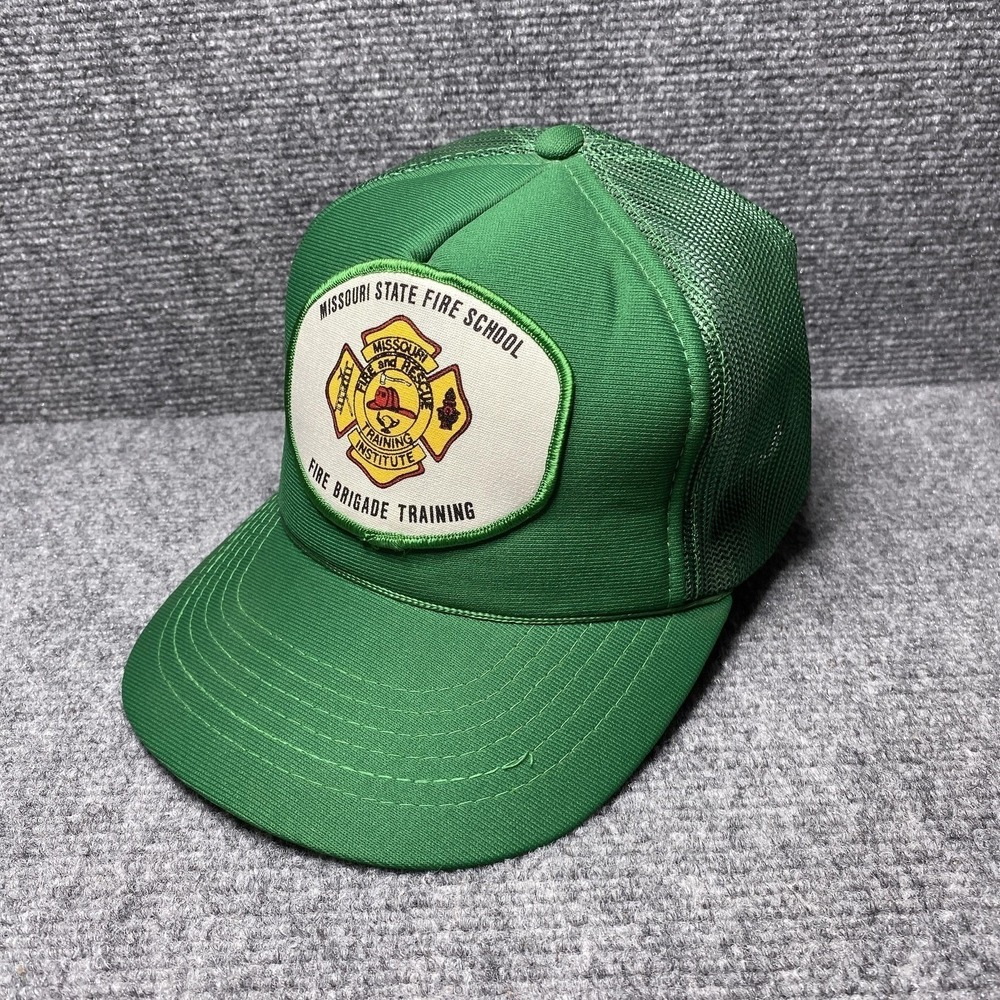 Vintage Designer Award Cap Hat Mens M/L Green Missouri State Fire School Trucker